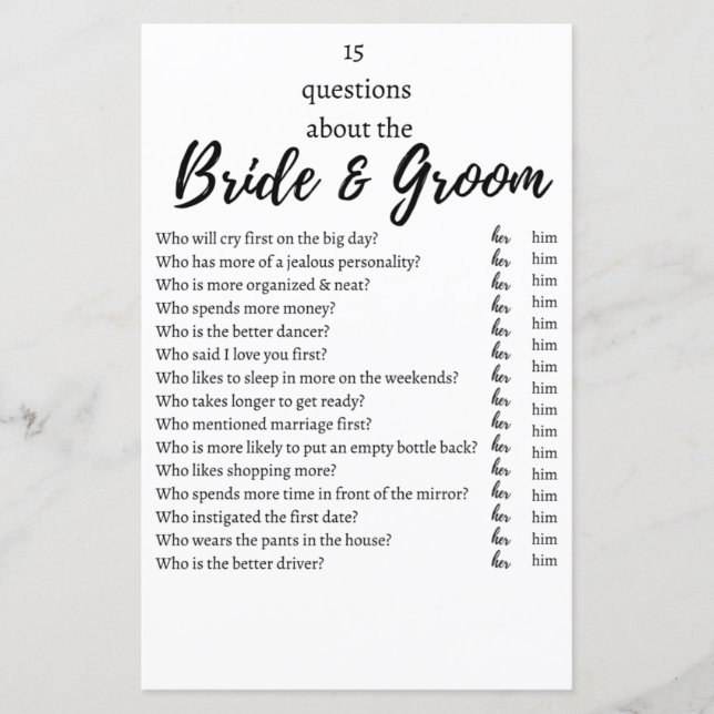 15 Questions About the Bride & Groom Wedding Game  (Front)