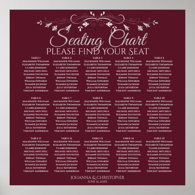 15 Table Elegant Burgundy Wedding Seating Chart (Front)