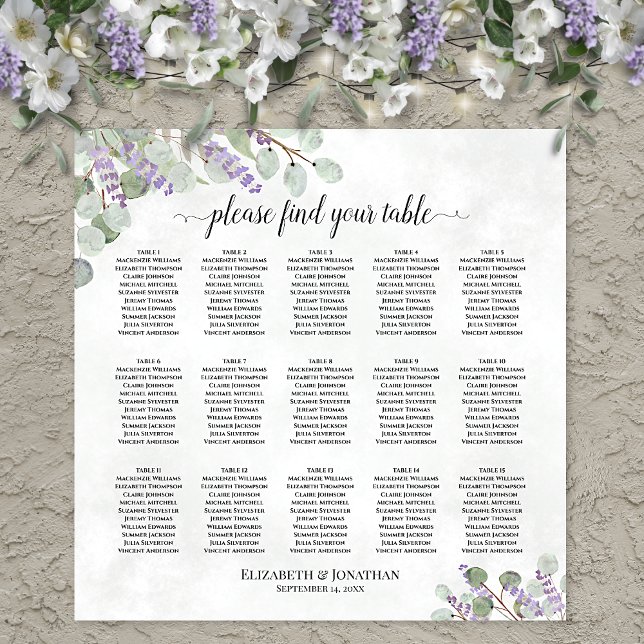 15 Table Eucalyptus Lavender Wedding Seating Chart (In Situ on Wall with Decorations)