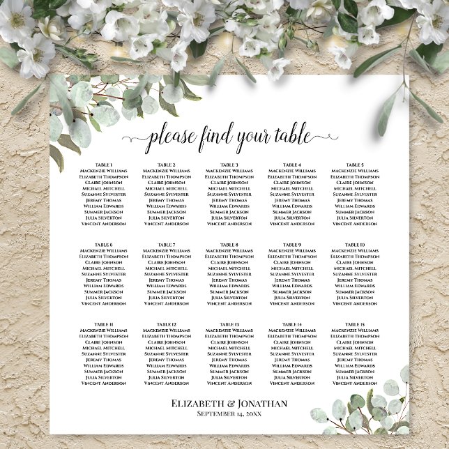 15 Table Eucalyptus Leaves Wedding Seating Chart (In Situ On Wall with Flowers)