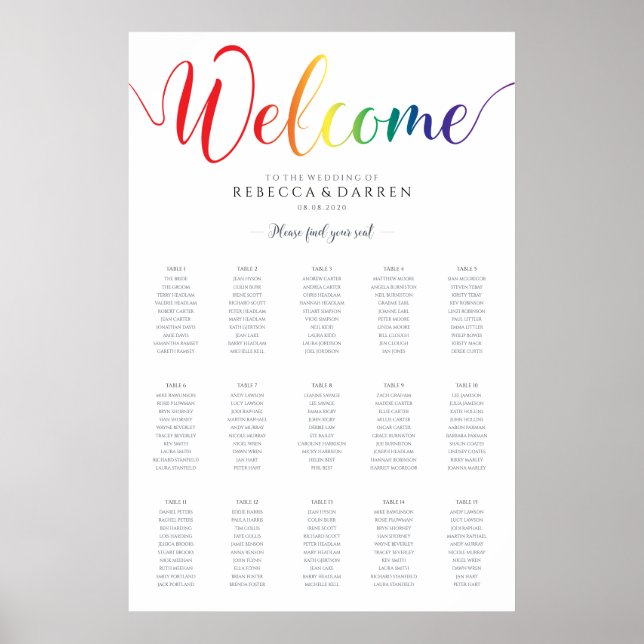 15 Table Rainbow Seating Chart Gay Wedding (Front)