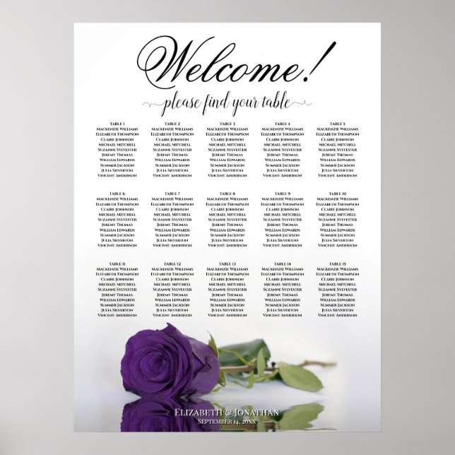 15 Table Royal Purple Rose Wedding Seating Chart (Front)