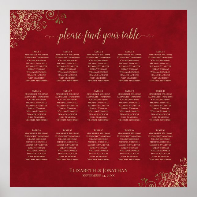 15 Table Wedding Seating Chart Gold Lace on Red (Front)