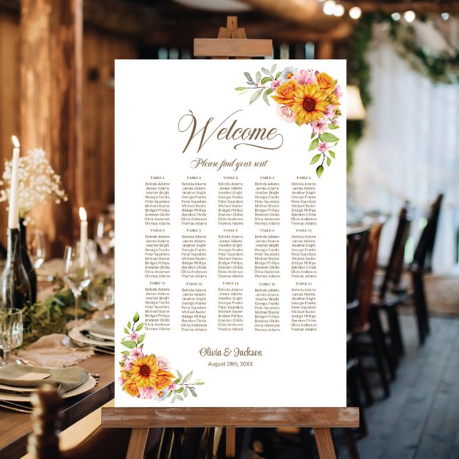 15 Table Yellow Pink Floral Wedding Seating Chart (Creator Uploaded)