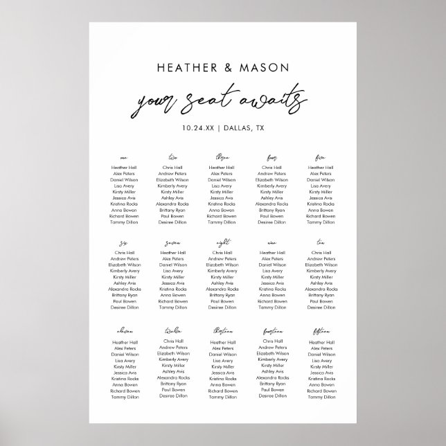 15 Tables Your Seat Awaits Wedding Seating Chart (Front)