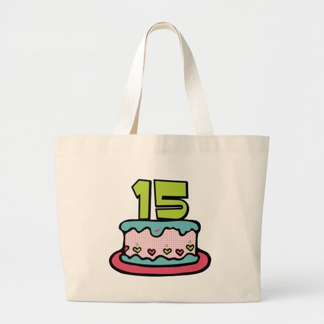 15 Year Old Birthday Cake Large Tote Bag (Front)