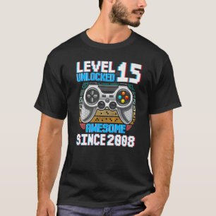 15 Year Old Gamer Boy Since 2008 15th Birthday Gif T-Shirt