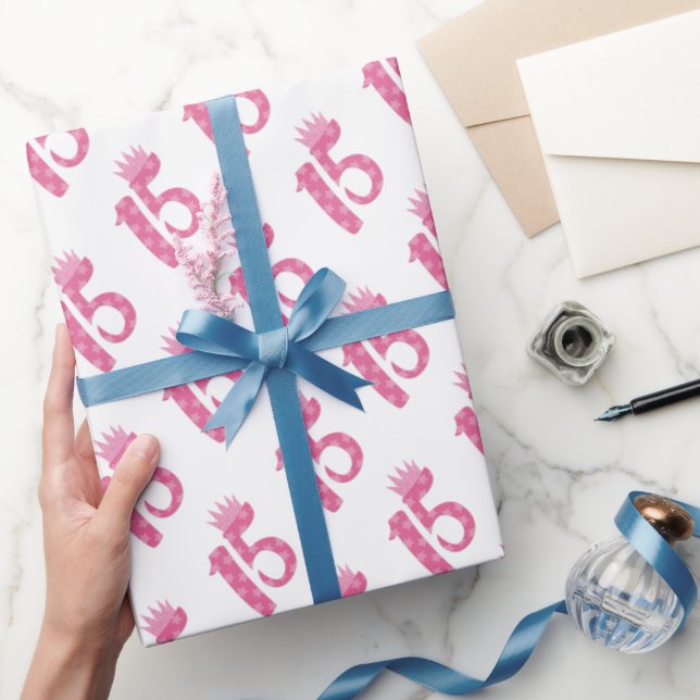 15 Year Old Teen Birthday Fifteen Pink Crown Wrapping Paper (Gifting)