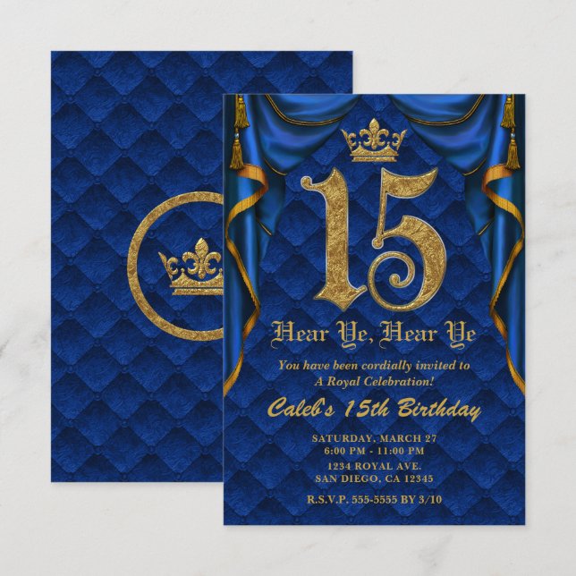 15TH 15 Birthday Party Royal Blue Gold Crown   Invitation (Front/Back)
