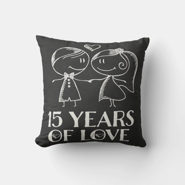 15th Anniversary Couples Chalk Drawn Pillow Gift (Front)