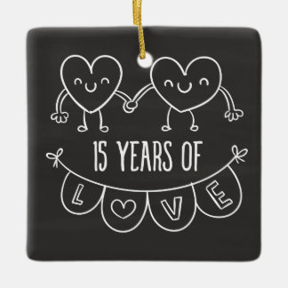 15th Anniversary Gift Chalk Hearts Ceramic Tree Decoration