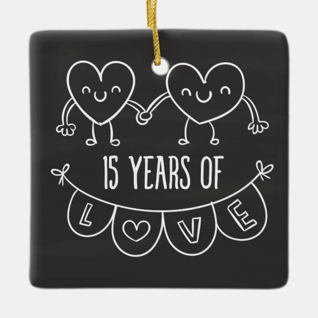 15th Anniversary Gift Chalk Hearts Ceramic Tree Decoration (Front)