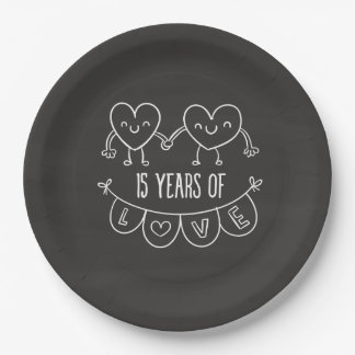 15th Anniversary Gift Chalk Hearts Paper Plate
