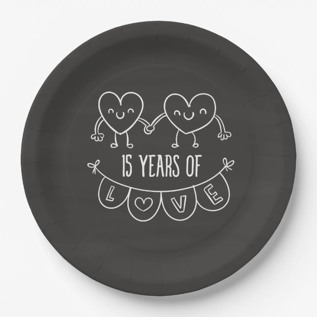 15th Anniversary Gift Chalk Hearts Paper Plate (Front)