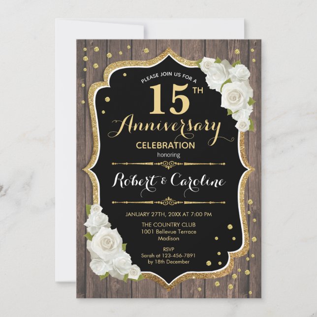 15th Anniversary Invitation - Rustic Wood Gold (Front)