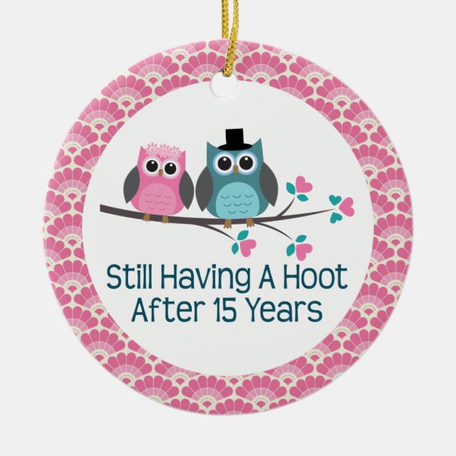 15th Anniversary Owl Wedding Anniversaries Gift Ceramic Tree Decoration (Front)