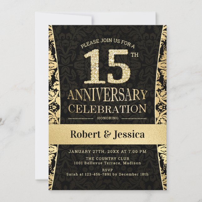 15th Anniversary Party - Gold Black Invitation (Front)