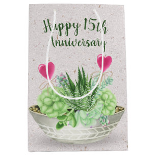 15th Anniversary Pink Hearts in Succulents Medium Gift Bag