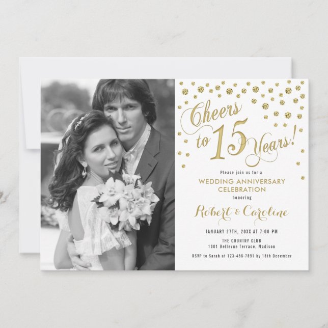 15th Anniversary with Photo - Gold White Invitation (Front)