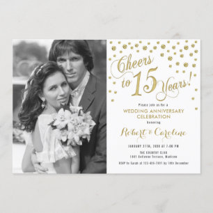 15th Anniversary with Photo - Gold White Invitation