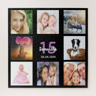 15th birthday 15 photo collage girl black jigsaw puzzle