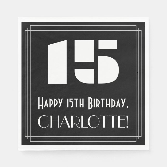 15th Birthday: Art Deco Inspired Look "15" + Name Napkin (Front)