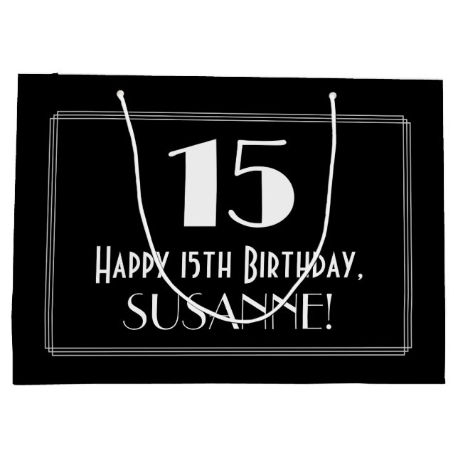 15th Birthday: Art Deco Inspired Style "15", Name Large Gift Bag (Back)