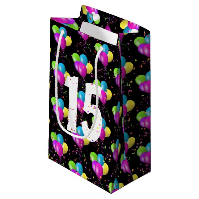 15th Birthday Balloons and Confetti Small Gift Bag (Front Angled)