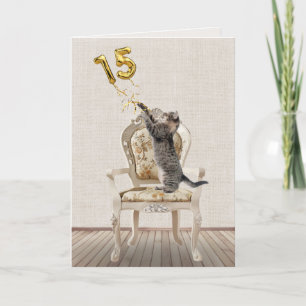 15th Birthday Balloons and Tabby Cat Card