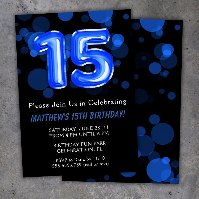 15th Birthday Balloons Kids Blue Boy Party Invitation (Creator Uploaded)