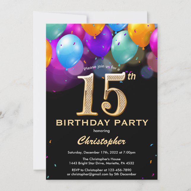 15th Birthday Black and Gold Colourful Balloons Invitation (Front)