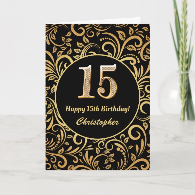 15th Birthday Black and Gold Floral Pattern Card (Front)