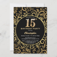 15th Birthday Black and Gold Floral Pattern