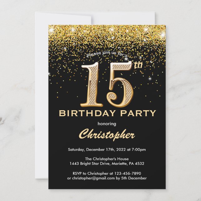 15th Birthday Black and Gold Glitter Confetti Invitation (Front)