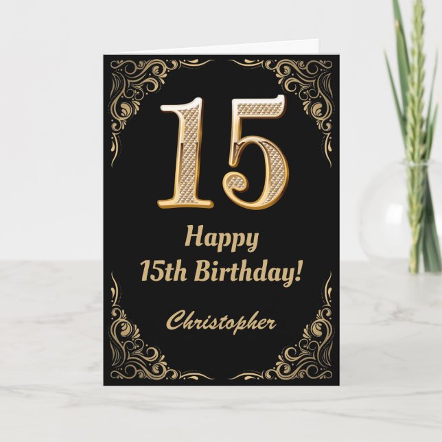 15th Birthday Black and Gold Glitter Frame Card (Front)