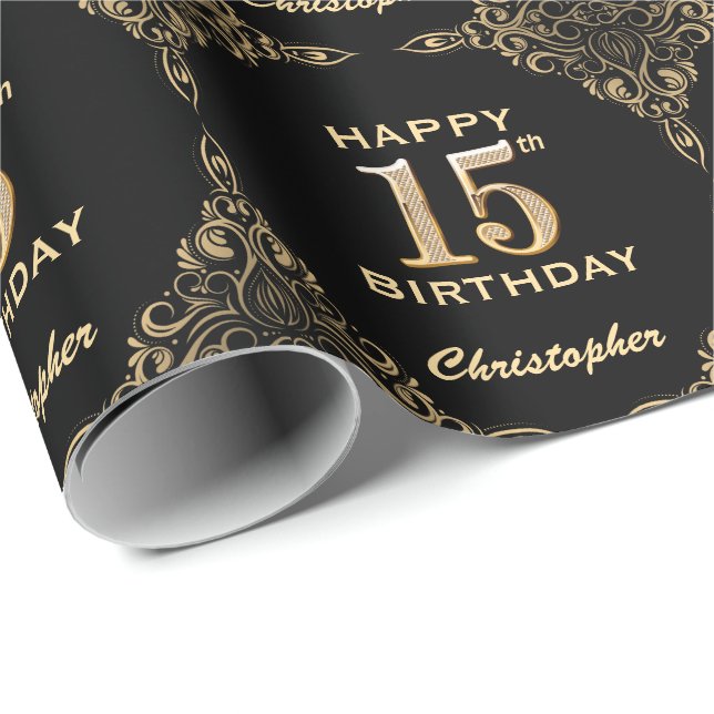15th Birthday Black and Gold Glitter Frame Wrapping Paper (Roll Corner)