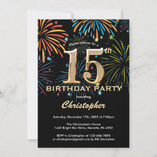 15th Birthday Black and Gold Rainbow Fireworks Invitation