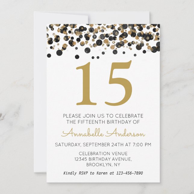 15th Birthday Black Gold Glitter Sparkle Confetti Invitation (Front)