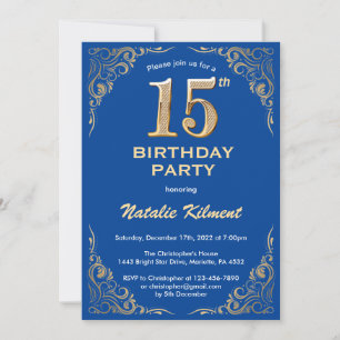 15th Birthday Blue and Gold Glitter Frame Invitation