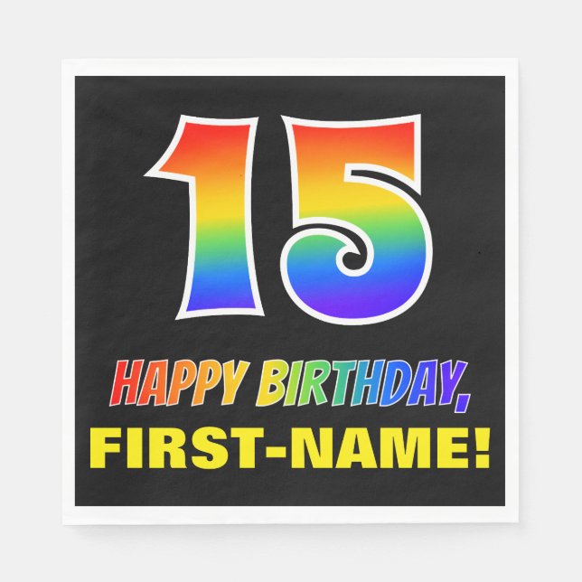 15th Birthday: Bold, Fun, Simple, Rainbow 15 Napkin (Front)