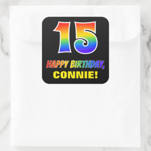 15th Birthday: Bold, Fun, Simple, Rainbow 15 Square Sticker