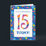 15th Birthday Card for Grandson, Stripes and Stars<br><div class="desc">A bright and colourful 15th Birthday Card for a Grandson,  with striped numbers and a starry border,  from a digital design by Judy Adamson. You can change the inside message if you wish.</div>