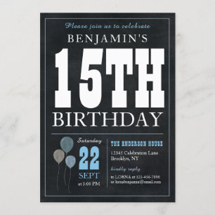 15th Birthday Chalkboard Blue Balloon Rustic Chic Invitation