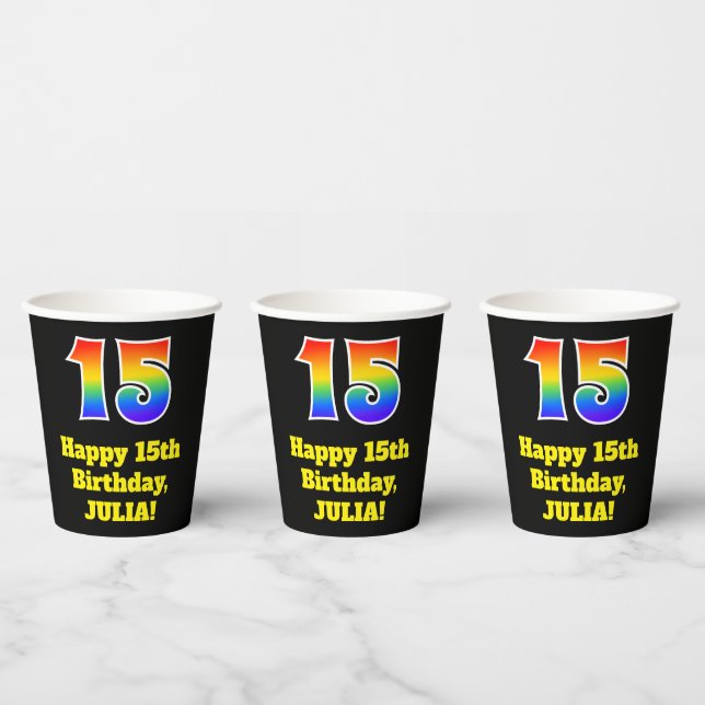 15th Birthday: Colourful, Fun, Exciting, Rainbow 1 Paper Cups (Multi)