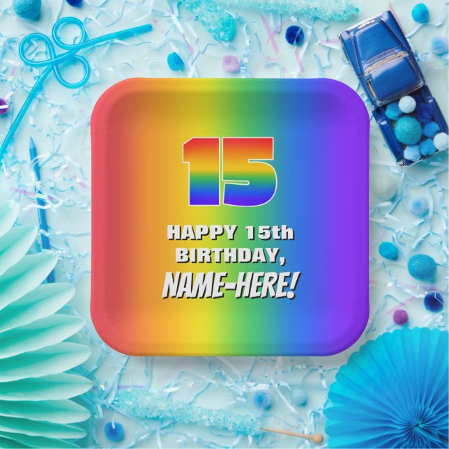 15th Birthday: Colourful, Fun Rainbow Pattern # 15 Paper Plate (Party)