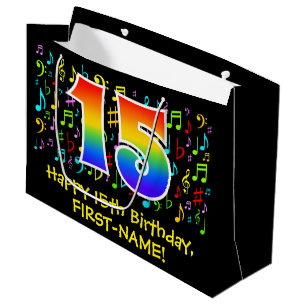 15th Birthday - Colourful Music Symbols, Rainbow 1 Large Gift Bag