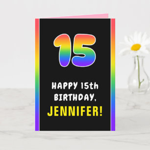 15th Birthday: Colourful Rainbow # 15, Custom Name Card