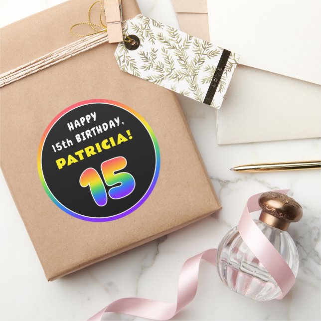 15th Birthday: Colourful Rainbow # 15, Custom Name Classic Round Sticker (Gifting)