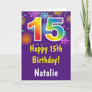 15th Birthday Colourful Rainbow Fireworks Purple Card