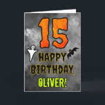 15th Birthday: Eerie Halloween Theme   Custom Name Card<br><div class="desc">The front of this spooky and scary Hallowe’en themed birthday greeting card design features a large number “15”. It also features the message “HAPPY BIRTHDAY, ”, and a custom name. There are also depictions of a bat and a ghost on the front. The inside features a custom birthday greeting message,...</div>